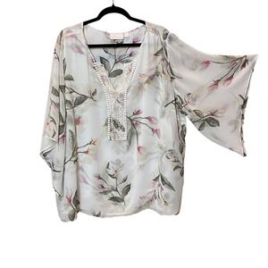 Belle Kim‎ Gravel 2X White Floral Tunic Top Embellished Bloomcore Resort Cottage